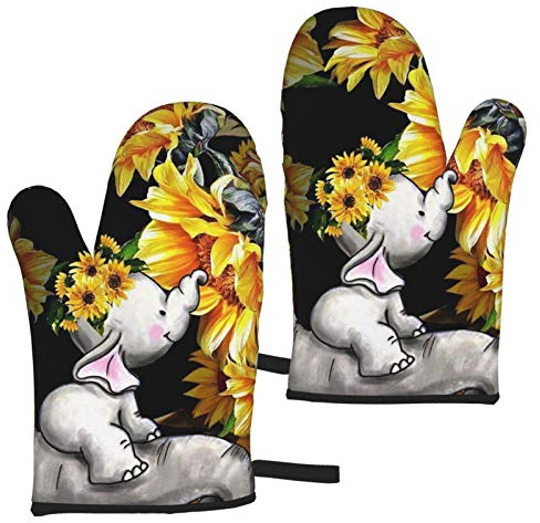 Ofenhandschuhe Mutter und Baby Elefant Sonnenblumen Ofenhandschuhe, hitzebeständige Kochhandschuhe Mikrowelle Backhandschuhe (1 Paar)