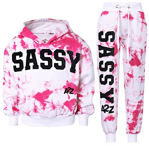 A2Z 4 Kids Girls Tracksuit Tie Dye Sassy Fleece Hooded Crop Top Bottom Jogging Suit Joggers Age 5 6 7 8 9 10 11 12 13 Years