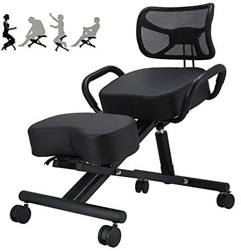 Greensen Ergonomischer Kniestuhl, Stühle Hocker Höhenverstellbarer Atmungsaktiver Kniestuhl mit Rückenlehne und Dicken Bequemen Kissen für Zuhause und Büro Korrektur der Haltung, Schwarz