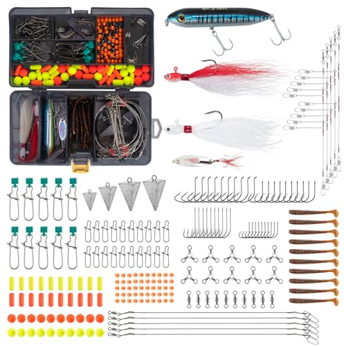 Dr.Fish 269 Pieces Surf Fishing Tackle Box Kit, Saltwater Ocean Beach Fishing Gear Supplies, Lure&Rig Accessories, Bucktail Jigs Saltwater Lures Walking Bait Surf Casting Pyramid Sinkers