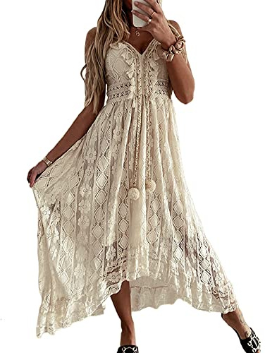 Damen-Maxikleid mit V-Ausschnitt, ärmellos, gestrickt, Spitze, Cutout, Träger, Rüschen, offener Rücken, unregelmäßiger Saum, Vintage-Partykleid, Boho, einfarbiges Strandkleid, beige, M