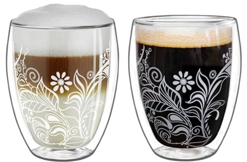 Creano Vasos de doble pared 250 ml Flowery White – Cristal térmico con decoración – Juego de 2 vasos de doble pared