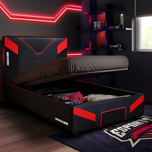 X-Rocker Cerberus MKII 3ft Single, Ottoman Upholstered Bed Frame - Hydraulic Gas Lift, Under-bed Storage, Wooden Slats, Wipe-Clean Faux Leather for Kids & Teens - Carbon Red - 90x190cm