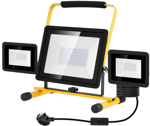 Viugreum 100w Led Work Light with Plug 8000LM 6500k Outdoor Lights Mains Powered 3 Adjustable Heads IP65 Flood Lights Outdoor Portable Construction Light with Stand / 3m Cable for Workshop Garage