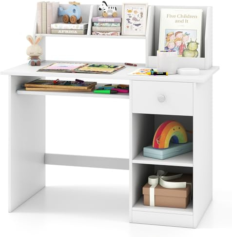 GYMAX Wooden Kids Desk, Children Study Table with Drawer, Tabletop Bookshelf, Keyboard Tray, Shelves & Hutch, White Computer Desk Student Writing Table for Home School Use (White)
