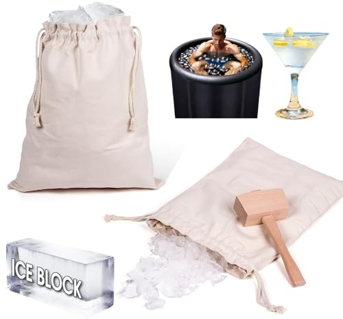 Annaklin Holz-Eishammer und Lewis-Tasche für Eisbad, kaltes Tauchzubehör, extra groß, 33 x 40,6 cm, Segeltuch-Eisbeutel, manueller Eiszerkleinerer, 1 Eishammer und 2 Leinentaschen für zerkleinertes