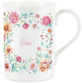 Purely Home Floral Nan Mug - Pink Flowers Mothers Day Present - Bone China Coffee/Tea Mug - Gifts for Nans