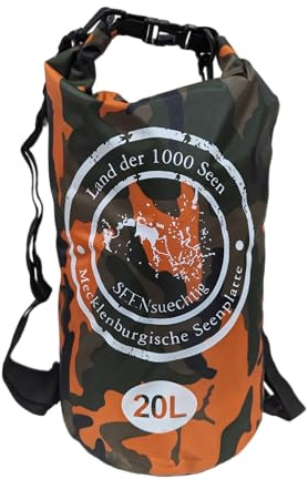 Dry Bag Trockensack Seesack 100% wasserdicht Packsack Tasche Beutel Wasssersport Kanu Kajak SUP Tauchen Schwimmen Baden Strand Angeln Campen wasserfest Schultergurt Drybag Orange Camouflage (20 Liter)