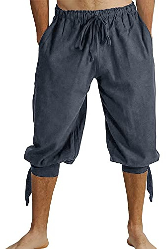 Runcati Pantalones cortos para hombre con cordones, pantalones de verano vikingos, pirata, medieval, para tiempo libre, playa, gris, M