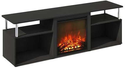 Furinno Jensen Kamin TV-Ständer, Keine Hitze, dekorativer elektrischer Kamin TV-Ständer für Fernseher bis zu 70 Zoll, mit offenem Stauraum, für Wohnzimmer, Americano/Edelstahl