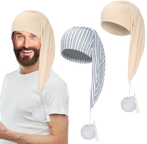 Regilt 2 st nattsovmössa män justerbar dragsko sömn nattmössa med pom pom för kostym dagliga festtillbehör, Blå rand + beige, One Size