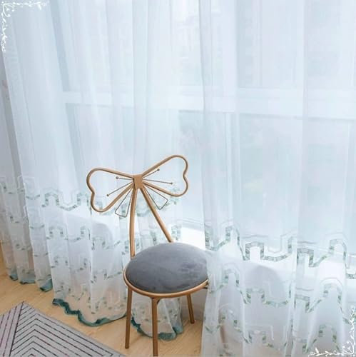 Beydodo Gardinen mit Schlaufen 2er Set 102x183CM, Vorhänge Lichtdurchlässig Weiß Stickerei mit Blau Geometrie Muster Ösenvorhänge Halbtransparent Gardinenschals Polyester Wohnzimmer Schlafzimmer