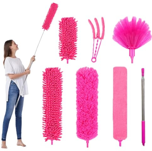 FumyFumy Staubwedel Teleskop Lang Ausziehbar, Staubwischer Waschbar Spinnwebenbesen mit Teleskopstiel, Spinnenwebenentferner Staubwedel mit Teleskopstange Ausziehbar auf 2.6m für Spinnenweben 7Pcs