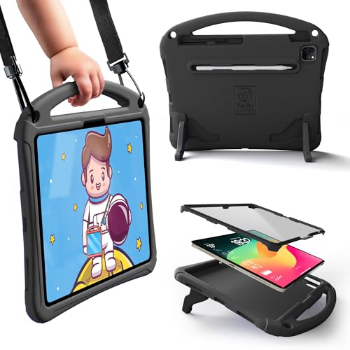 Bam Bino Space Suit Rugged iPad Air 11 Zoll Hülle für Kinder (M2 M3), passend für iPad Pro 11 M4 (2024), 11. - 10. Generation, integrierter Displayschutz, Griff, Schultergurt (Cosmic Black)