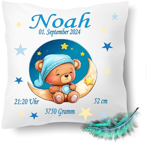 Print Deluxe Personalisiertes bedrucktes Geburtskissen mit Namen und Geburtsdaten für Jungen & Mädchen inkl. Füllung 40x40cm | Babykissen| Geschenke zur Geburt, Taufe,Einhorn Bett (mit Kissenfüllung)
