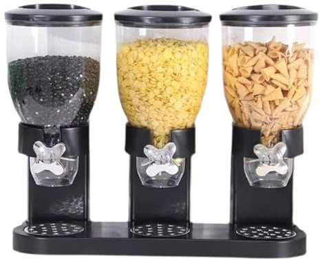 WOTZOV Distributeur d'aliments secs Triple, Distributeur de céréales Compact, Distributeur d'aliments de comptoir comme Bonbons, Noix, Riz, Granola. Distribution de 1 Once par t,Noir 2L x 3