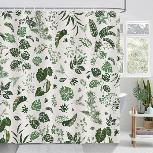 Bonhause Cortina de Ducha Boho Hojas de Tropical Verde Planta Retro Vintage Cortina de Baño de Poliéster Impermeable Antimoho Lavable Cortina Ducha 180 x 180 cm con 12 Ganchos