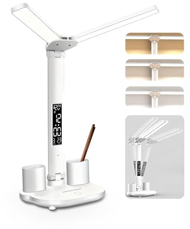 Led Desk Lamp & Desk Accessories Bedside Lamps. USB Powered Touch Control Table Lamp Gifts. 3 Colors 5 Brightness Eye-Caring Reading Light Bedside Phone Holder 3 in 1 LCD Calendar Temperature Alarm.