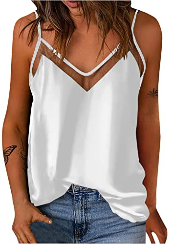 Débardeur Femme Chic Col en V Satin Caraco Élégant Mesh Patchwork Camisole Épaules Dénudées Hauts sans Manches Été Couleur Unie Tank Top Bretelles Spaghetti Débardeur