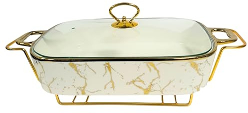 Reldor Ceramic Food Warmer with Gold Wire Stand and Lid for Heat & Moisture Retention, 13 Inch Rectangular Chafing Dish for Buffet, Ideal for Weddings, Parties, Catering Events (White)