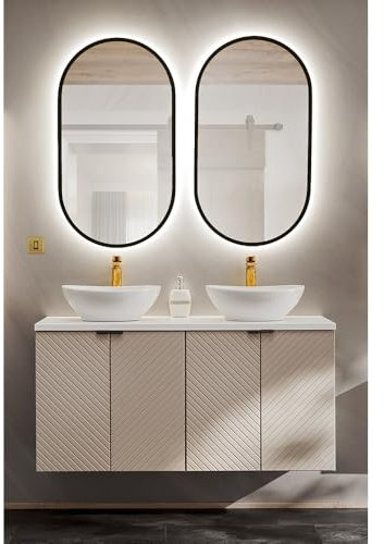 Lomadox Badezimmer Badmöbel Set 3-teilig in Kaschmir und weiß mit 120 cm Doppelwaschtisch mit Keramikwaschbecken, 2 LED-Spiegel, gerillte Front, wandhängend