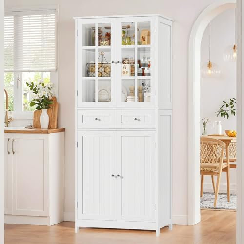 HOCSOK Küchenschrank, 180 cm Buffetschrank mit 2 Glastüren, Hochschrank mit 4 Türen und 2 Schubladen, Mehrzweckschrank für Küche, Esszimmer, Wohnzimmer, Weiß