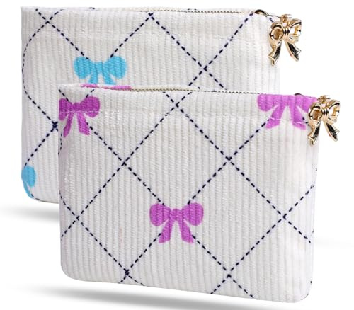 Teircno 2 PCS Coin Purse, Change Purse with Bow Pattern & Metal Zipper, Small Coin Pouch for Pocket, Compact Coin Purse for Women Credit Card Key Lipstick Holder, Perfect for Travel, Daily Use & Gifts