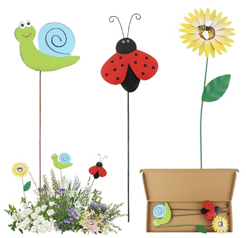 Dzmuero Gartenstecker, 3 Stück Gartendeko Rost, Gartenstecker Rost, Kreativ Frühling Ornamente für Blumen, Gartendekorationen aus Eisen für Draußen, Retro Handwerkskunst (3 Insektenarten)