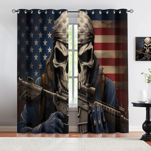 HYGIUID Skull Warrior Window Curtains, Stars-and-Stripes Thermal Drapes Cool Skeleton Grommet Curtains for Office Conference Room, 31.5 x 72, 2 Panels