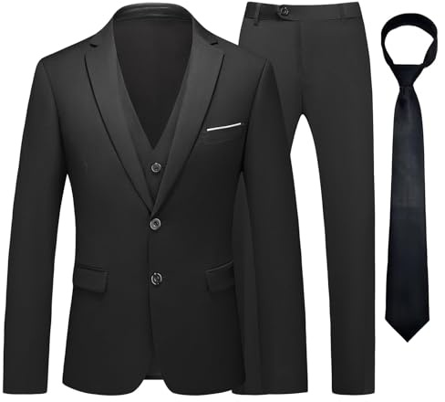 KUDMOL Costume Homme 3 Pièces Mariage d'affaires Slim Fit Smoking à Deux Boutons Blazer Veste et Pantalon Gilet avec Cravate(Noir,M)