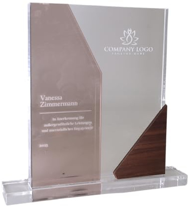 Acrylglas Award Personalisiert, Trophäe aus Acrylglas mit Edelholz, Firmen Mitarbeiter Jubiläum, Unternehmen Auszeichnung für besondere Leistungen, Acryl Glas Pokal (Braun durchsichtig)