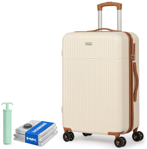 H.yeed 24 Inch Medium Suitcase ABS Hard Shell Lightweight Small Trolley Travel Cabin Luggage with 4 Double Spinner Wheels TSA Lock (White)