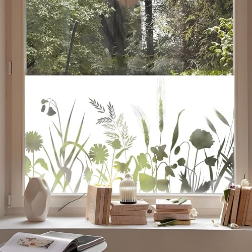 dktie Fensterfolie Sichtschutzfolie Dekorative Fensterfolie mit ausgehöhltem Pflanzenmuster und weißem Hintergrund Statische Aufkleber ohne Klebstoff Geeignet für Wohnzimmer, Küche 44.5x200cm