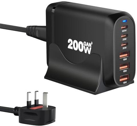 200W 6-Port USB Charging Station, PD 100W USB C USB A GaN III Charger Laptop & Phone Fast Charger Plug, Compatible with MacBook Pro/Air,Dell XPS, iPhone 15/16/14/ Pro, iPads, Steam Deck