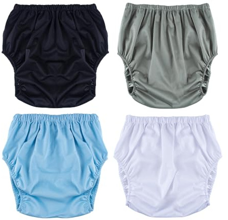4 Pack Adult Diaper Cover, Washable Pull on Incontinence Pants Plastic Diapers Reusable Waterproof Underwear