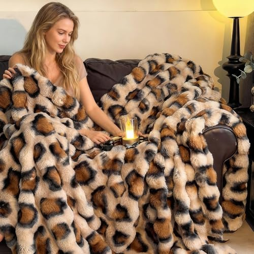 Luxuriöse, doppelseitige Kuscheldecke aus Kunstfell mit Leopardenmuster, extraweich und flauschig, ideal for Sofa und Bett. Perfekt als Winterbettwäsche aus weichem Fleece(Leopard print,220x240cm)
