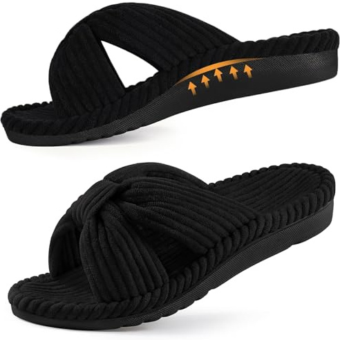 Litfun Orthopedic Arch Support Slippers for Women Comfortable Open Toe Indoor House Slippers Corduroy Cross Bow Bedroom Shoes for Plantar Fasciitis, Black 40