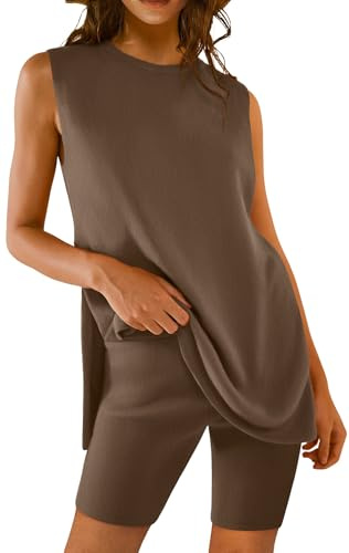 Plilima Conjunto de Dos Piezas para Mujer, Elegante, Verano, Moda Deportiva, Marrón Claro, XXL