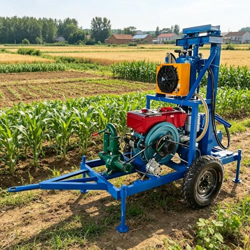 Machine de forage mobile de puits d'eau compacte avec roues roulantes et pieds de support stables pour l'irrigation de jardin et la construction de puits à domicile