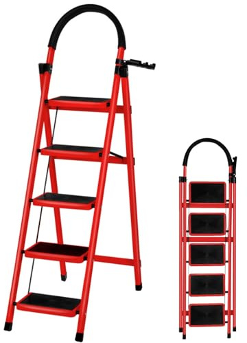 Escalera Plegable de Acero de 5 Peldaños, Escalera Doméstica Antideslizante con Barandilla para Cocina, Hogar y Oficina - Rojo