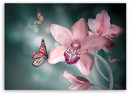ge Bildet Bild auf Leinwand | Pflanzen-Bilder Orchideen mit Schmetterlingen K in 70x50 cm als Wandbild | Wand-deko Dekoration Wohnung modern Bilder | 2208