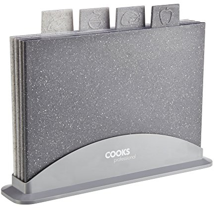 Cooks Professional Set of Four Index Chopping Boards with Stand & Tabs for Fruit & Veg, Raw Meat, Fish & Cooked Food | Granite Effect Plastic Non-Porous Cutting Blocks | Dishwasher Safe | Each 29x20cm