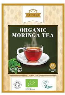 Ausha Organic Moringa Tea Bags - 40 Bags - Caffeine Free - UK Certified Organic by Soil Association - Source of Protein, Amino Acids, Antioxidants, Dietary Fibre, Vitamins & Minerals - Oleifera Leaf