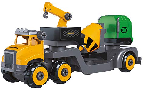 MONDO Construction Truck Trailer Assemble-Playset 30 Teile zerlegbar - Spielzeug LKW BAU Set 4 in 1, Farbe Gelb/Grün, 51178