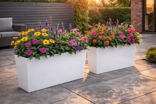 GORDANLUK Tall Rectangular Gloss Trough Planter 56cm | Removable Liner | Indoor Outdoor Long Tray Plant Pot | Large Window Box Planter | Self Watering | UV & Frost Resistant Polypropylene | White