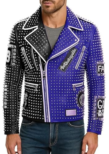 Mens Brando Black & Blue Spikes Studded Rock Punk Leather Jacket Motorcycle Biker Hip Hop Jacket