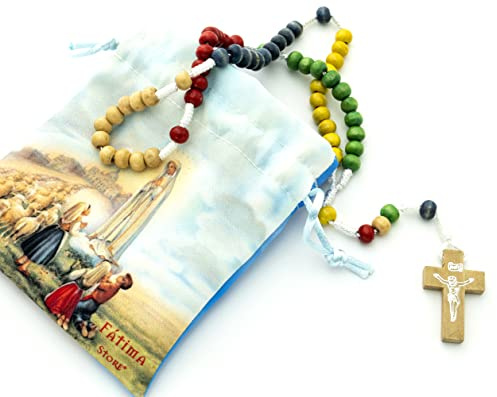 Rosario Prima Comunione in Legno Colorato Con Borsa Stampata E Croce in Legno di Fatima. Perfetto per bambini o ragazze. Rosario religioso Comunione colori