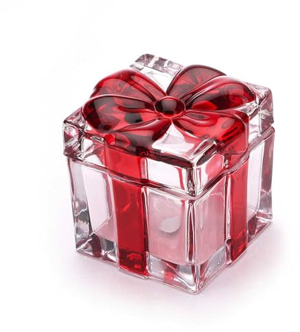 Gkesgm Square Crystal Candy Dish Bowl with Bowknot Lid,Heavy Storage Box Sugar Bowl,Glass Christmas Decorative Bowl,Red