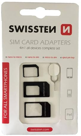 Swissten Adaptateur pour Carte SIM 4 en 1 - Adaptateur NanoSIM vers MicroSIM, MicroSIM vers Carte SIM Standard, NanoSIM vers Carte SIM Standard - Compatible avec Tous Les Smartphones et tablettes