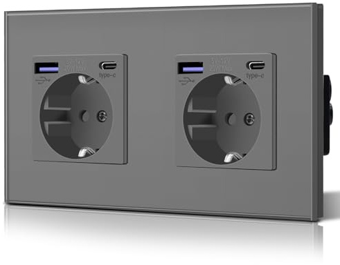 BSEED Steckdose aus Glas mit 20W USB C, Schnellladegerät Wandsteckdose, 3 in 1 Unterputz Steckdosen, Einfache Installation, 240V 16A, 157mm 2 Fach Grau